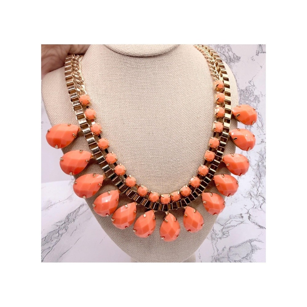 Orange Faceted Teardrop Bib Necklace Gold Tone Dual Chain Statement 18"